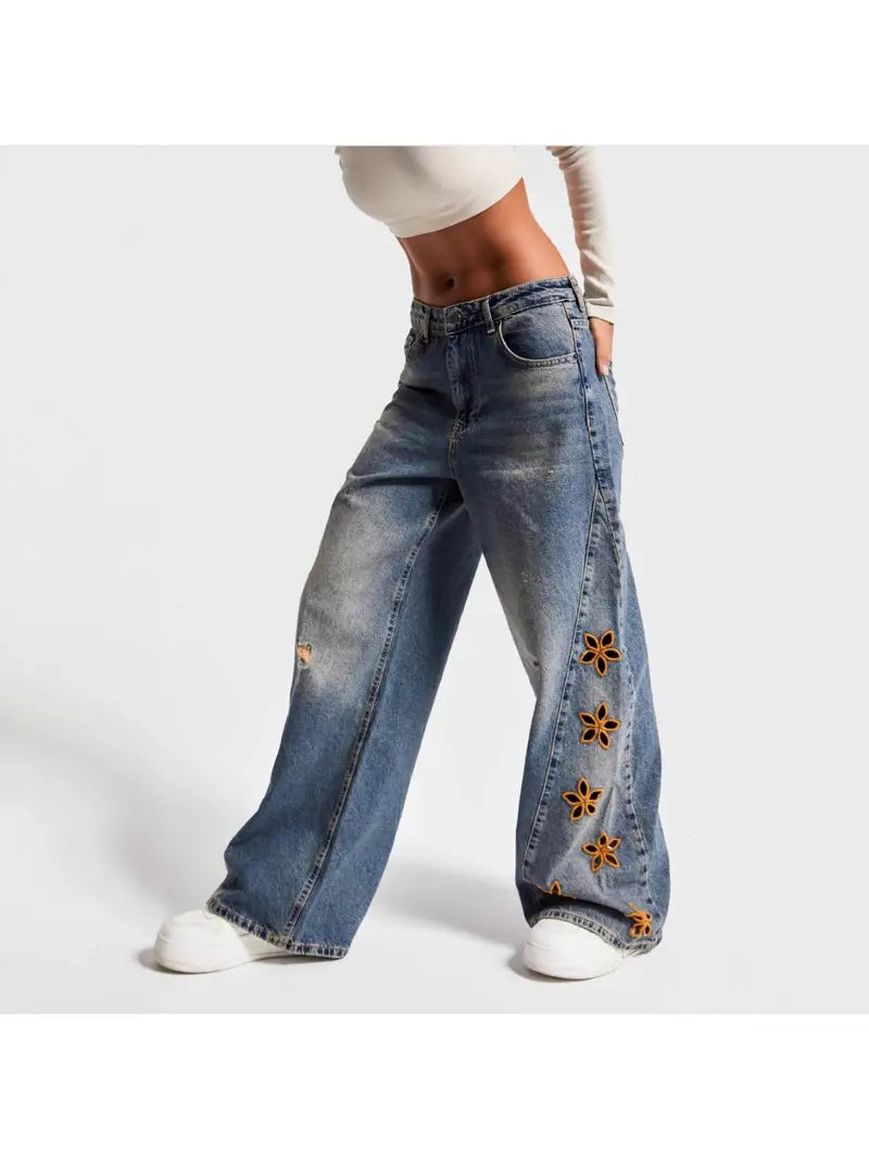 Women'S High-Waisted Loose-Fit Floral Print Jeans - Light Wash Blue Denim Pants with Beltless Design & Built-In Zipper Closure, Casual to Semi-Formal Long Pants for Spring Summer Fall, Comfortable Casual Attire