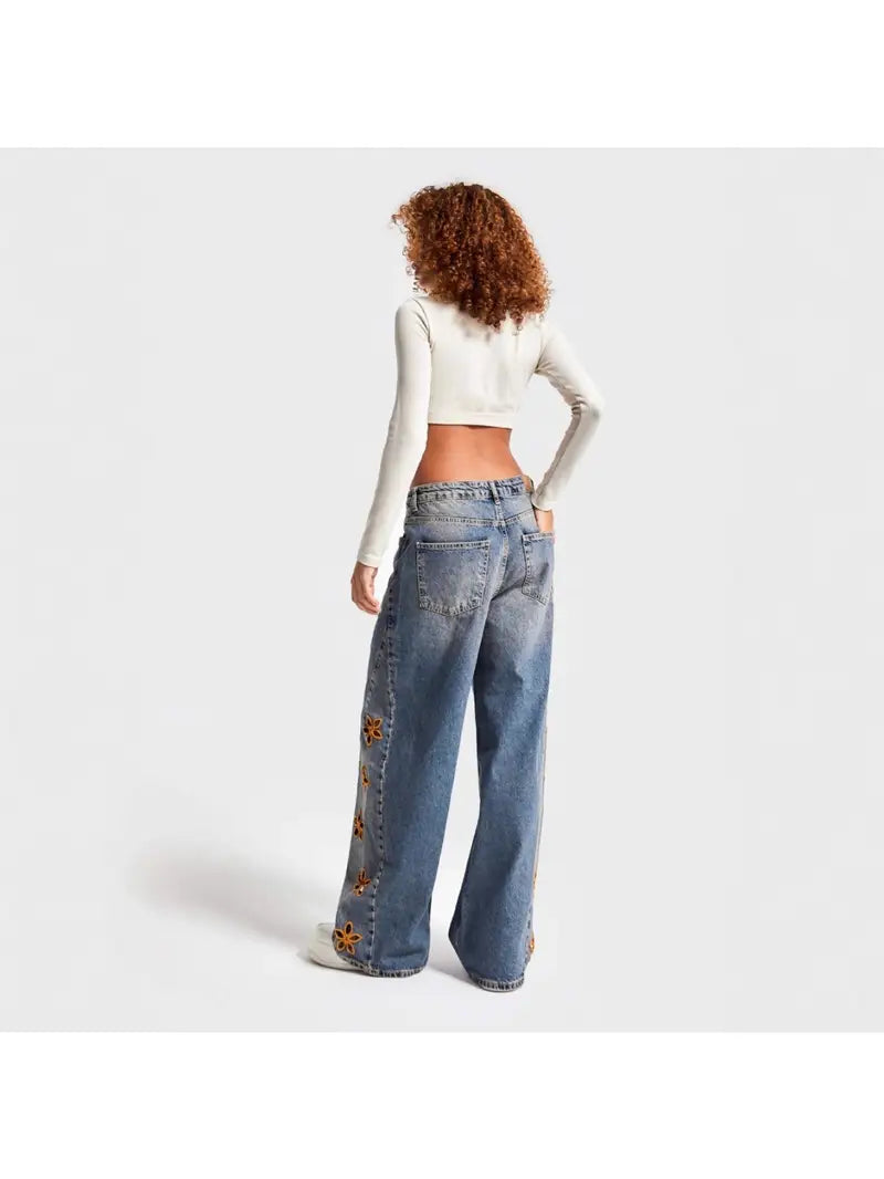 Women'S High-Waisted Loose-Fit Floral Print Jeans - Light Wash Blue Denim Pants with Beltless Design & Built-In Zipper Closure, Casual to Semi-Formal Long Pants for Spring Summer Fall, Comfortable Casual Attire