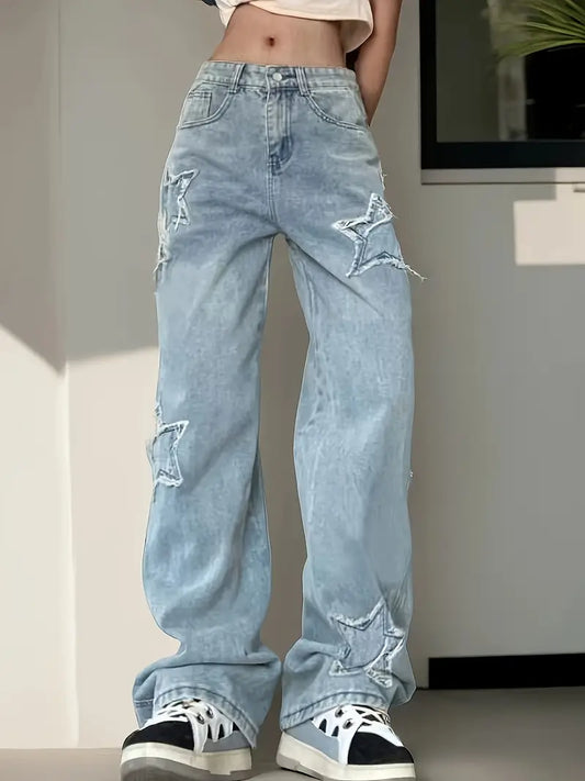 Women'S High-Waisted Light Blue Distressed Star-Embellished Denim Flare Jeans - Mid-Rise Wide-Leg Tapered Pants with Beltless Design, All-Season Casual to Semi-Formal Wear, Comfortable Loose Fit & Built-In Zipper Closure