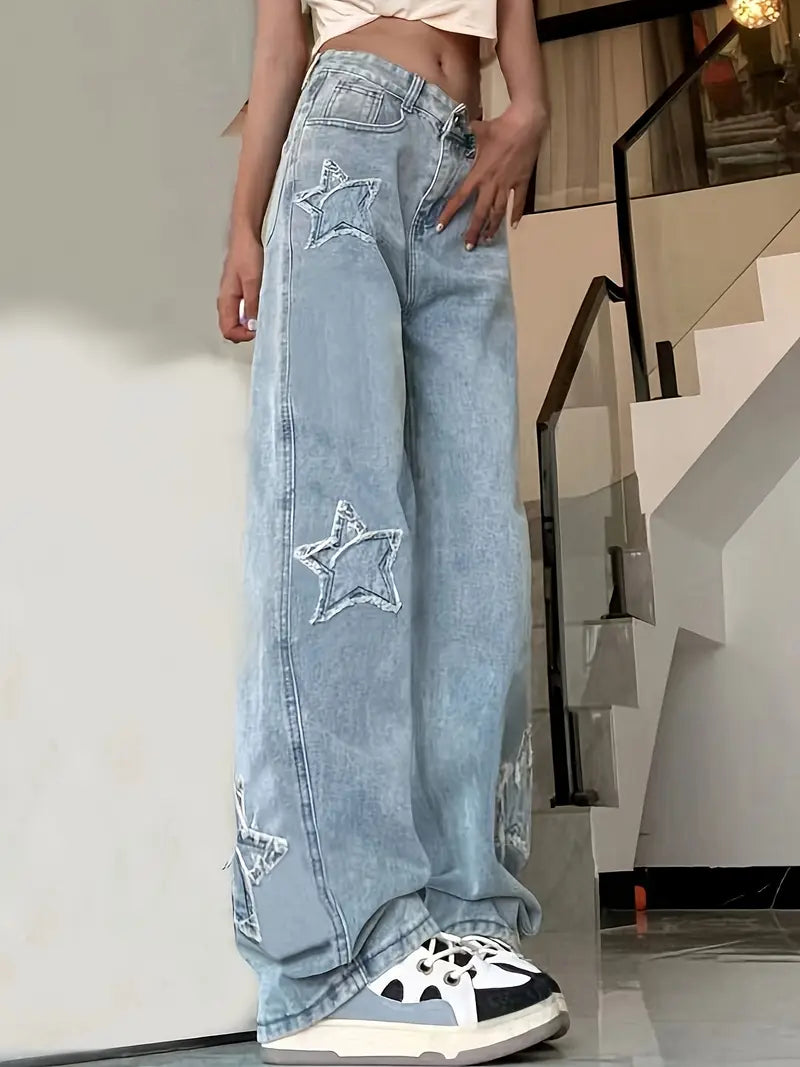 Women'S High-Waisted Light Blue Distressed Star-Embellished Denim Flare Jeans - Mid-Rise Wide-Leg Tapered Pants with Beltless Design, All-Season Casual to Semi-Formal Wear, Comfortable Loose Fit & Built-In Zipper Closure