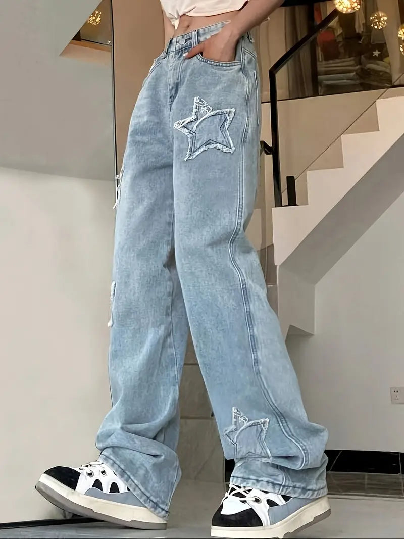 Women'S High-Waisted Light Blue Distressed Star-Embellished Denim Flare Jeans - Mid-Rise Wide-Leg Tapered Pants with Beltless Design, All-Season Casual to Semi-Formal Wear, Comfortable Loose Fit & Built-In Zipper Closure
