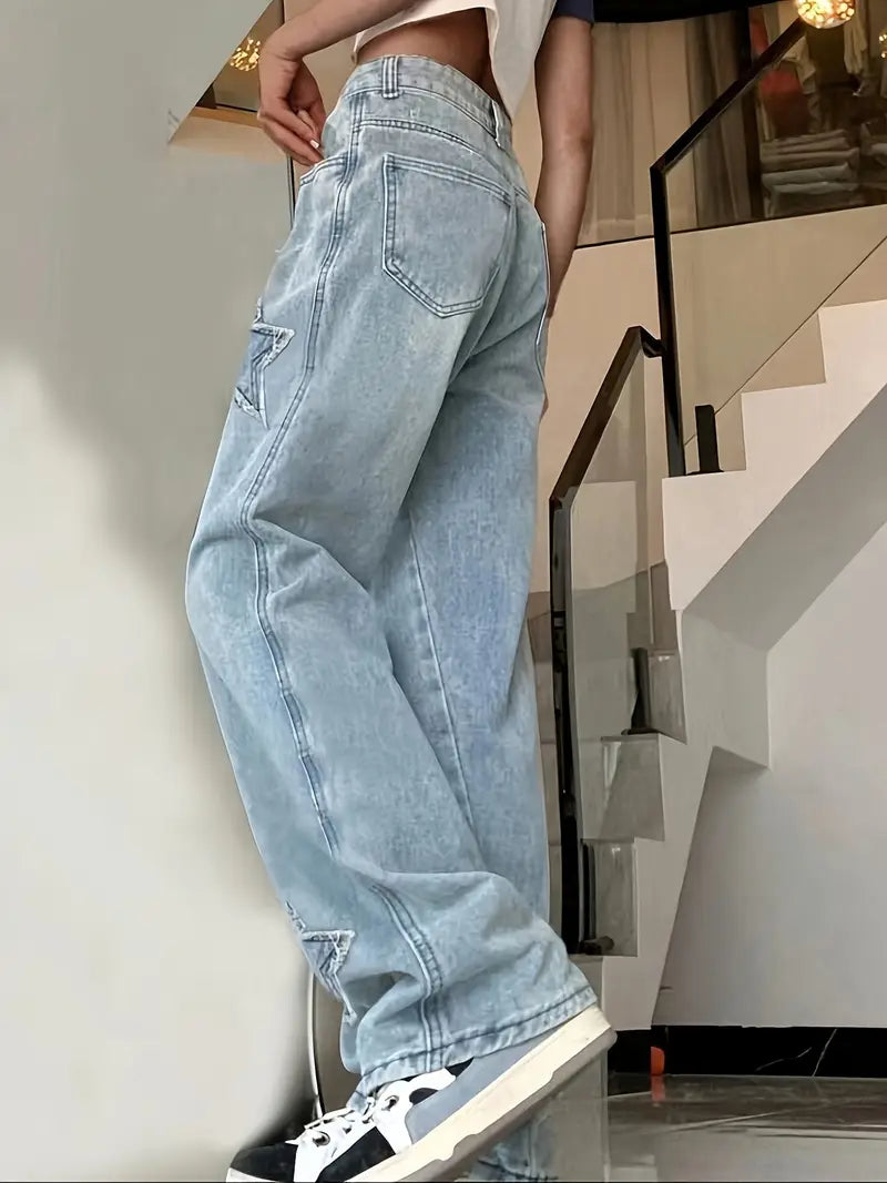 Women'S High-Waisted Light Blue Distressed Star-Embellished Denim Flare Jeans - Mid-Rise Wide-Leg Tapered Pants with Beltless Design, All-Season Casual to Semi-Formal Wear, Comfortable Loose Fit & Built-In Zipper Closure