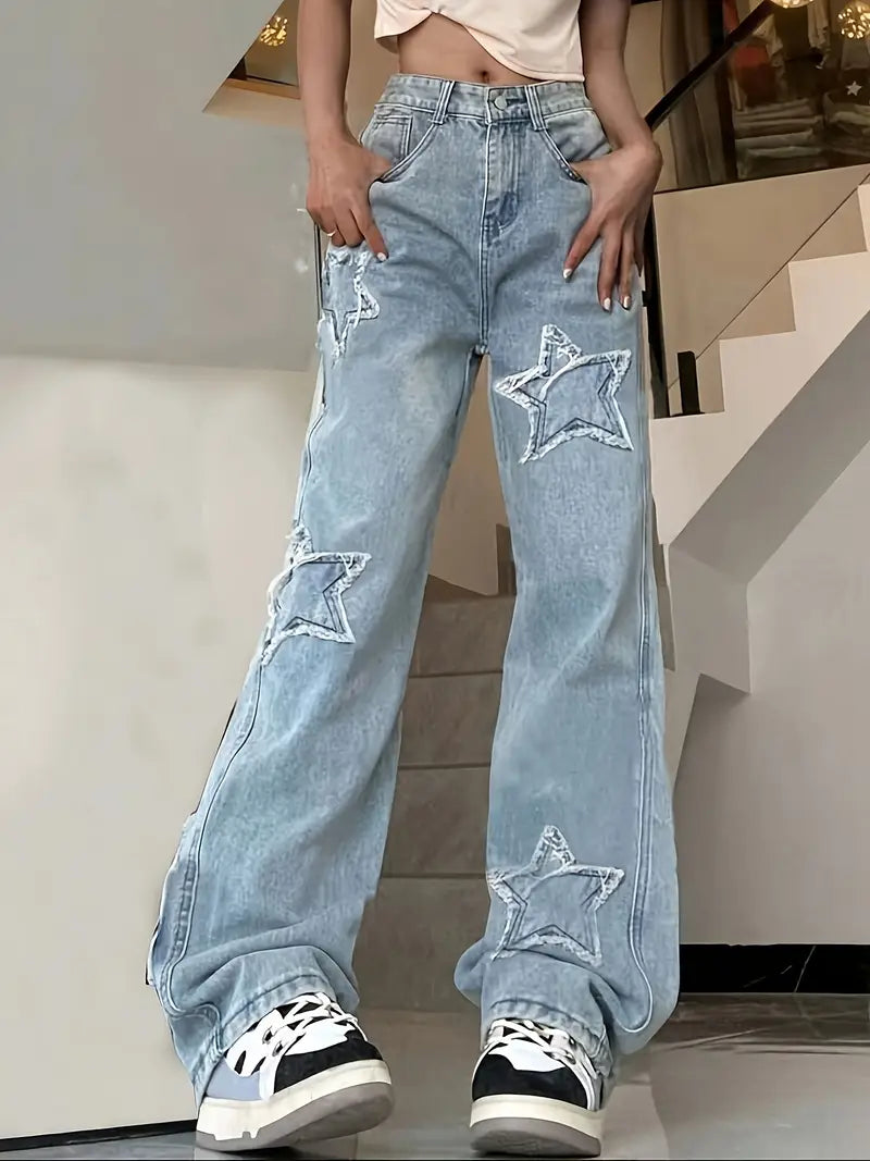 Women'S High-Waisted Light Blue Distressed Star-Embellished Denim Flare Jeans - Mid-Rise Wide-Leg Tapered Pants with Beltless Design, All-Season Casual to Semi-Formal Wear, Comfortable Loose Fit & Built-In Zipper Closure