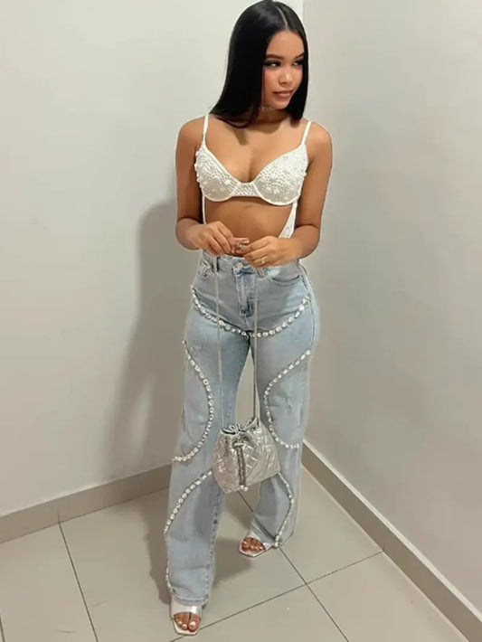Women'S High-Waist Denim Jeans with Sparkling Rhinestone Stitching - Casual Straight-Leg Pants, Light Blue, Zipper Fly, Pockets, Perfect for Fall/Winter Outfits, Jean Style Pants