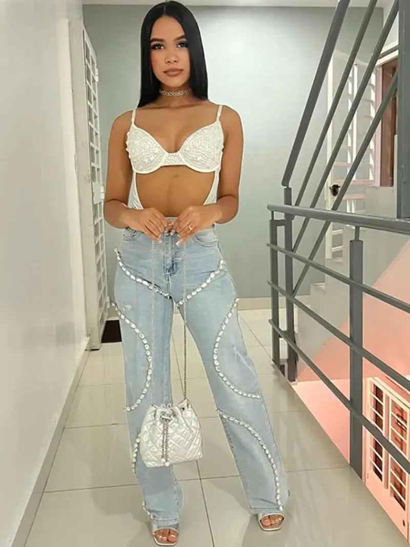 Women'S High-Waist Denim Jeans with Sparkling Rhinestone Stitching - Casual Straight-Leg Pants, Light Blue, Zipper Fly, Pockets, Perfect for Fall/Winter Outfits, Jean Style Pants