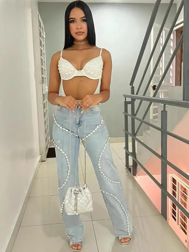 Women'S High-Waist Denim Jeans with Sparkling Rhinestone Stitching - Casual Straight-Leg Pants, Light Blue, Zipper Fly, Pockets, Perfect for Fall/Winter Outfits, Jean Style Pants