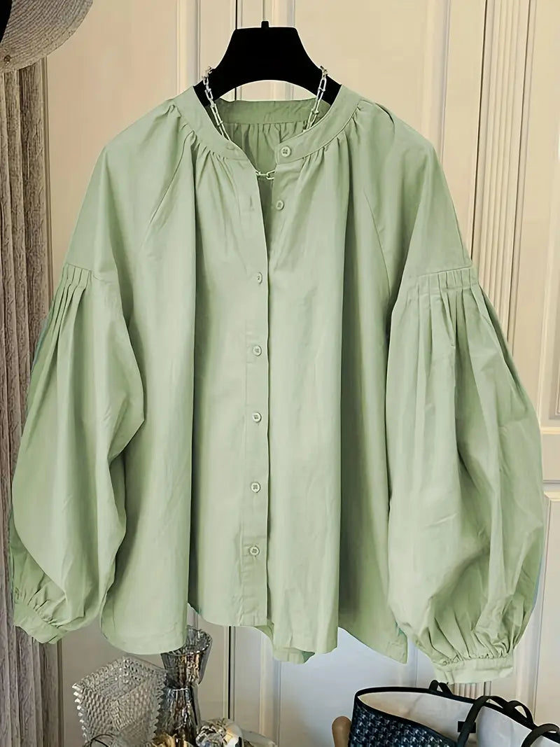 1pc Women's 100% Rayon Casual Shirt - Elegant Loose Fit Lantern Sleeve Top with Cardigan Collar & Button Front, Solid Color Spring/Fall Shirt for Versatile Layering