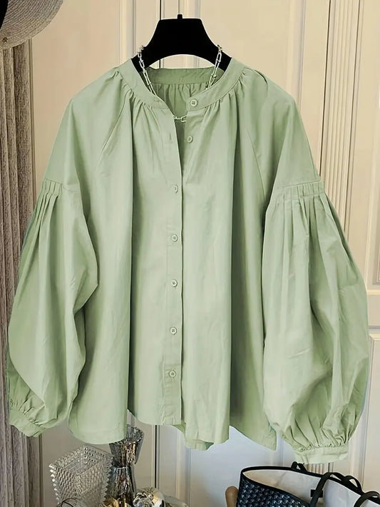 1pc Women's 100% Rayon Casual Shirt - Elegant Loose Fit Lantern Sleeve Top with Cardigan Collar & Button Front, Solid Color Spring/Fall Shirt for Versatile Layering