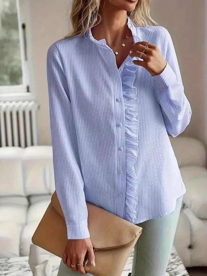 New Women's striped pleated details, single breasted elegant and intellectual outdoor dating work shirt, Business Casual, Work Attire, Intellectual Style, Classic Design, Nonstretch Fabric
