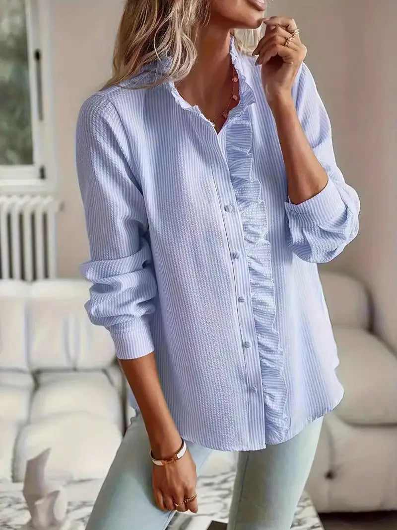New Women's striped pleated details, single breasted elegant and intellectual outdoor dating work shirt, Business Casual, Work Attire, Intellectual Style, Classic Design, Nonstretch Fabric