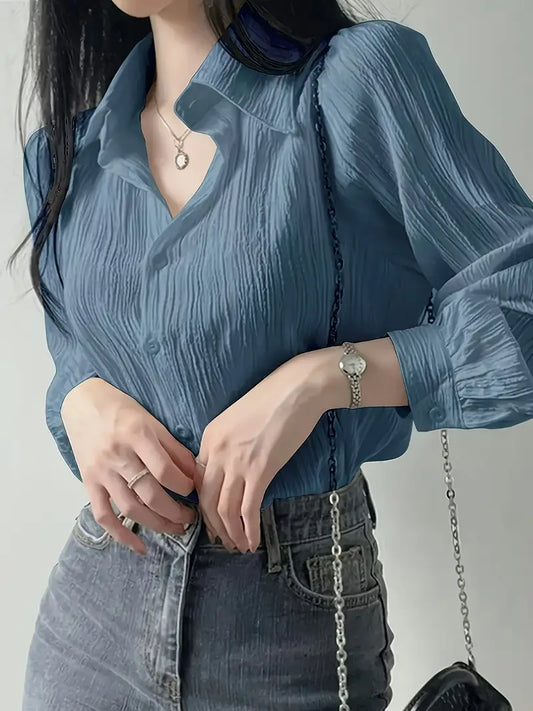 Women'S French-Inspired Lightweight Long Sleeve Shirt - Middle Eastern Elegance Collection, Solid Blue Button-Up Blouse with Pointed Collar