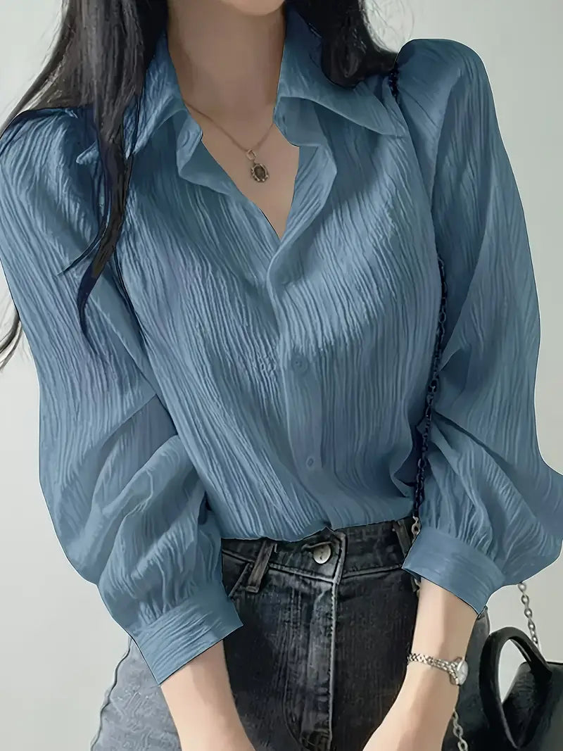 Women'S French-Inspired Lightweight Long Sleeve Shirt - Middle Eastern Elegance Collection, Solid Blue Button-Up Blouse with Pointed Collar