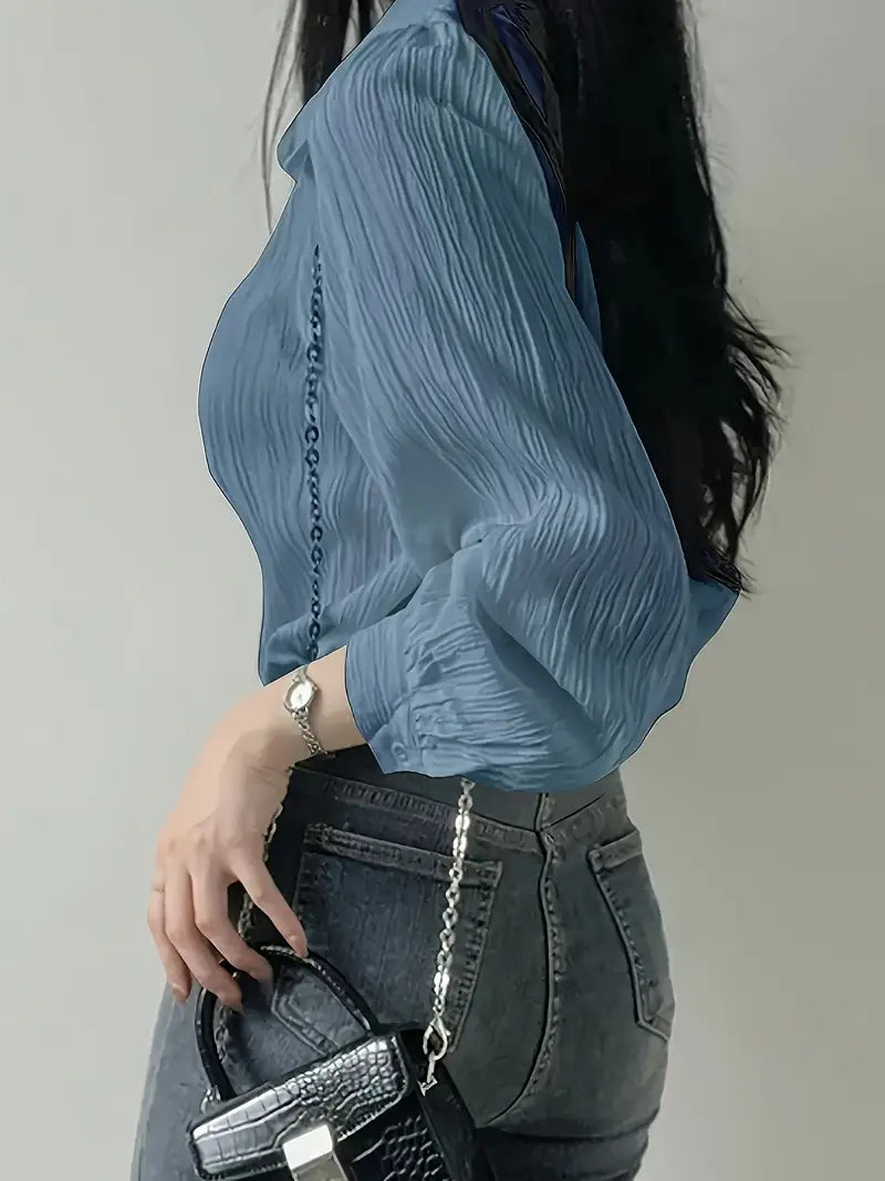 Women'S French-Inspired Lightweight Long Sleeve Shirt - Middle Eastern Elegance Collection, Solid Blue Button-Up Blouse with Pointed Collar