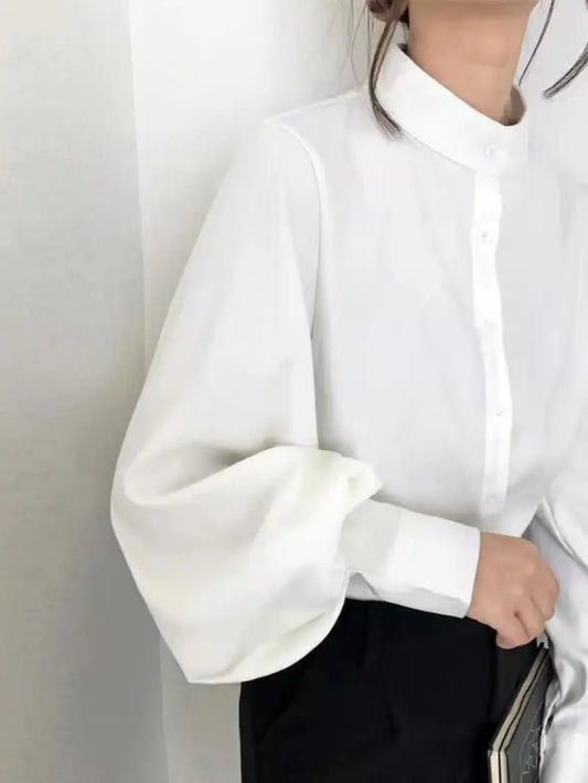 Women's Elegant Brushed High Neck Long Sleeve Shirt - Slim-Fit Loose Cut with Stand Collar & Lantern Sleeves, All-Season Versatile Blouse for Casual & Formal Wear