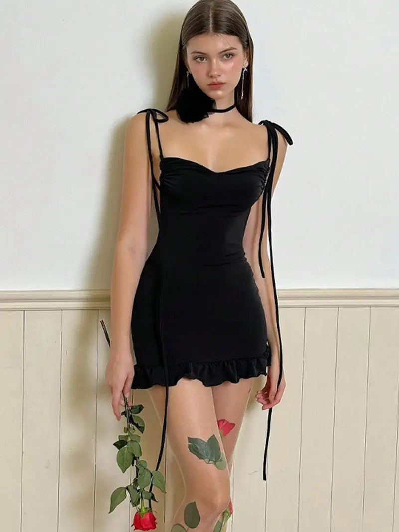 Women's Sexy French-Inspired Backless Ruched Pencil Mini Dress - Lightweight Semi-Sheer Summer Dress with Thin Straps & Tie-Front Detail, Machine Washable Solid Color for Casual Formal Occasions