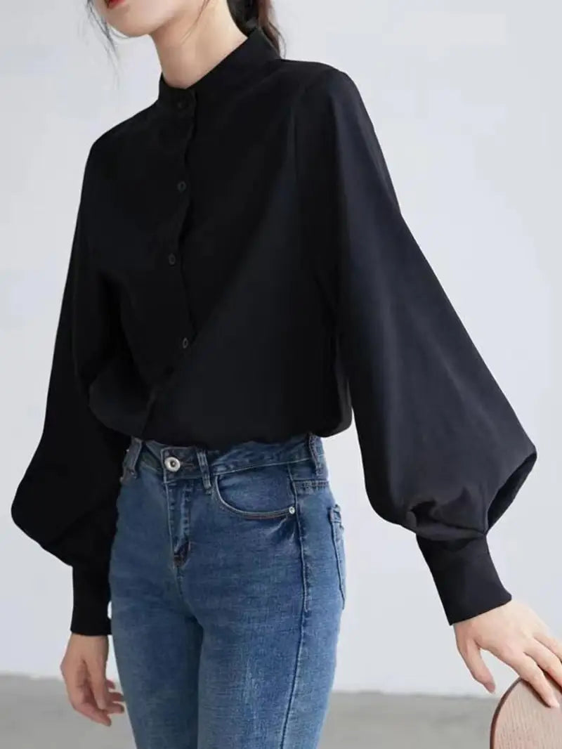 Women's Elegant Brushed High Neck Long Sleeve Shirt - Slim-Fit Loose Cut with Stand Collar & Lantern Sleeves, All-Season Versatile Blouse for Casual & Formal Wear