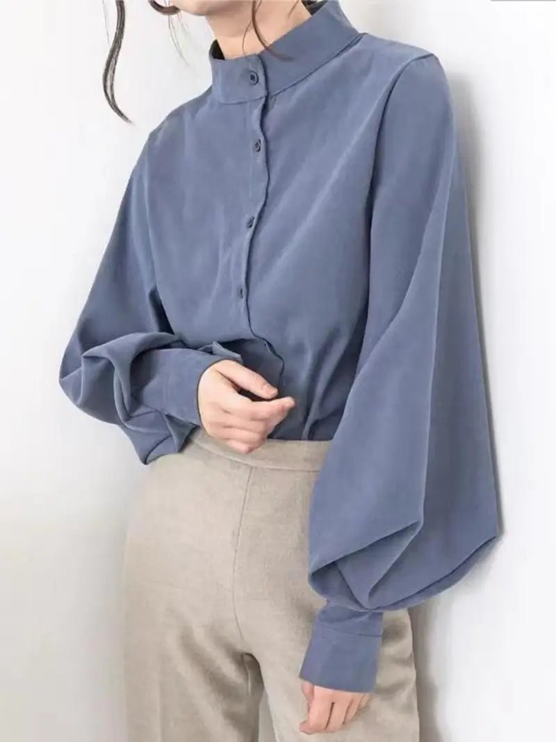 Women's Elegant Brushed High Neck Long Sleeve Shirt - Slim-Fit Loose Cut with Stand Collar & Lantern Sleeves, All-Season Versatile Blouse for Casual & Formal Wear