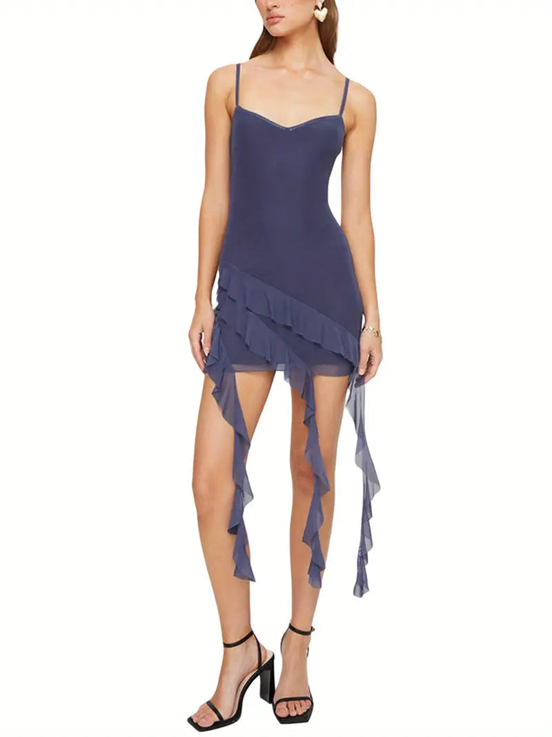 Women's Short Mini Dress Sleeveless Spaghetti Strap Bodycon Dress Asymmetrical Ruffle Dress