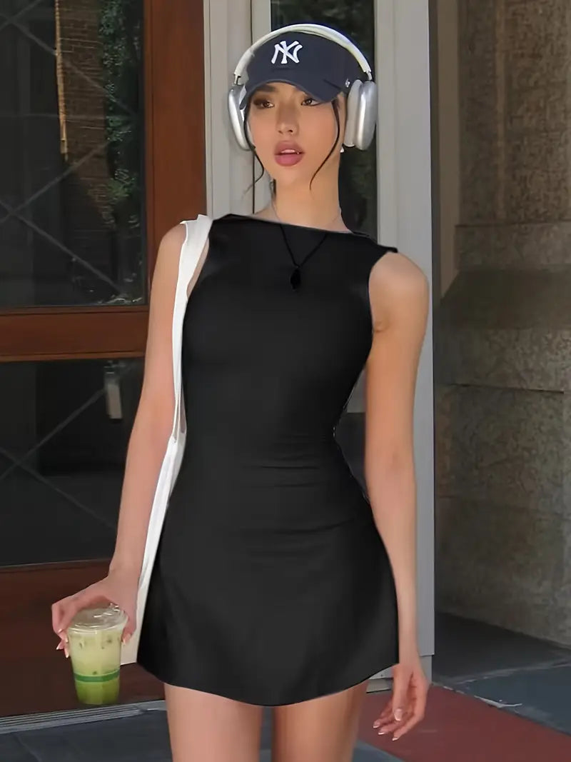 Women's Chic Backless Peplum Dress - 100% Polyester Knit Fabric, Crew Neck Sleeveless Mini Dress for Spring/Summer/Fall, Solid Color Party Beach Club Streetwear, Beach Dress