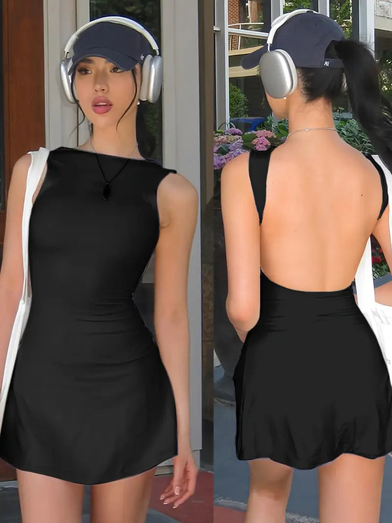 Women's Chic Backless Peplum Dress - 100% Polyester Knit Fabric, Crew Neck Sleeveless Mini Dress for Spring/Summer/Fall, Solid Color Party Beach Club Streetwear, Beach Dress