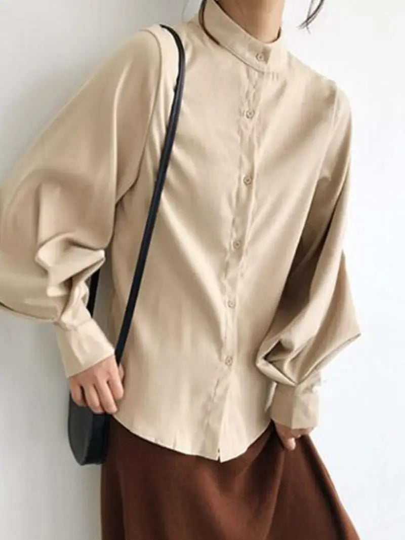 Women's Elegant Brushed High Neck Long Sleeve Shirt - Slim-Fit Loose Cut with Stand Collar & Lantern Sleeves, All-Season Versatile Blouse for Casual & Formal Wear