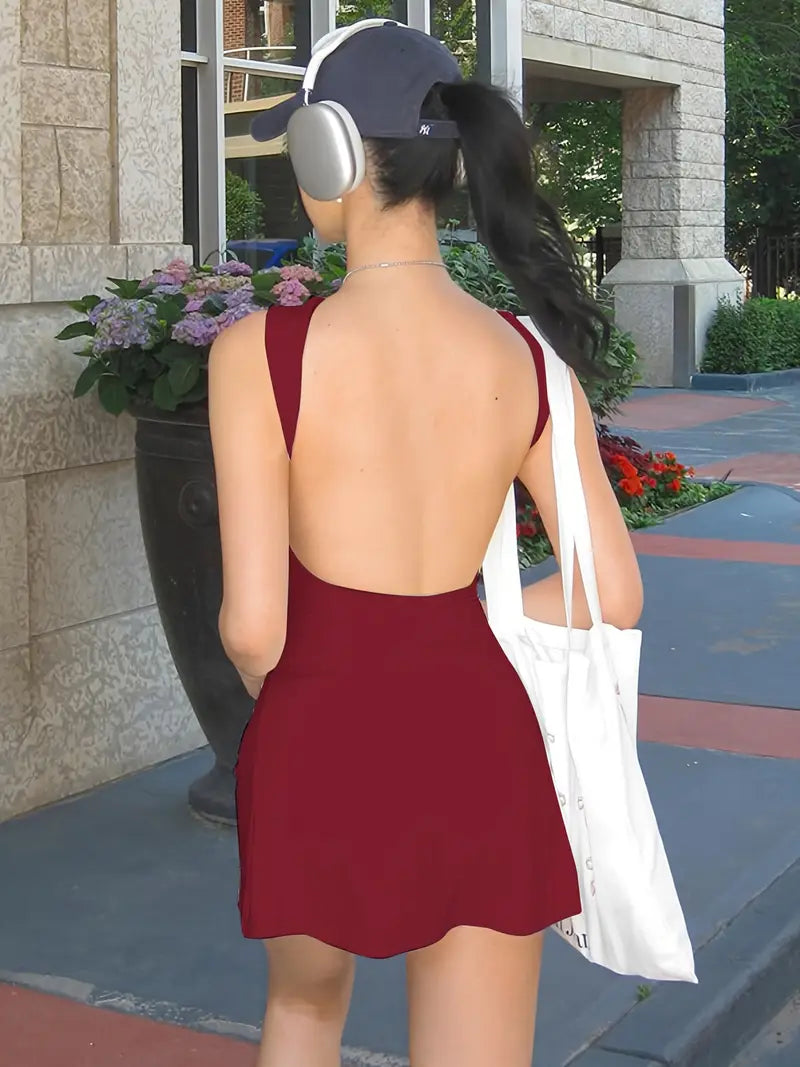 Women's Chic Backless Peplum Dress - 100% Polyester Knit Fabric, Crew Neck Sleeveless Mini Dress for Spring/Summer/Fall, Solid Color Party Beach Club Streetwear, Beach Dress
