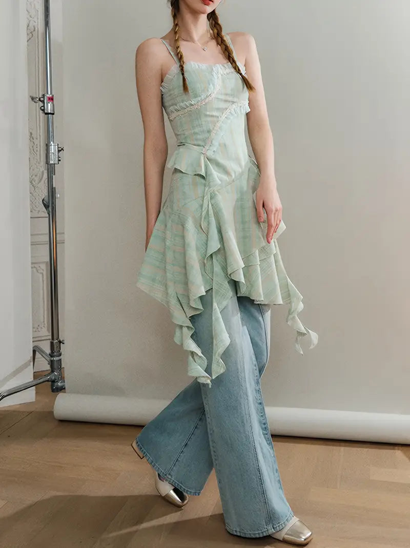 Mint Green Mandarin Strap Asymmetrical Dress - Chic Floral Print, Brief Length, Layered Ruffle Hem, Sleeveless, Non-Sheer Polyester for Women, Perfect for Spring/Summer, Casual Elegant Attire | Floral Print Dress | Ruffle Hem Dres