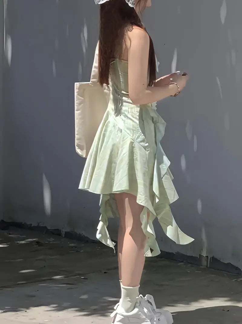 Mint Green Mandarin Strap Asymmetrical Dress - Chic Floral Print, Brief Length, Layered Ruffle Hem, Sleeveless, Non-Sheer Polyester for Women, Perfect for Spring/Summer, Casual Elegant Attire | Floral Print Dress | Ruffle Hem Dres