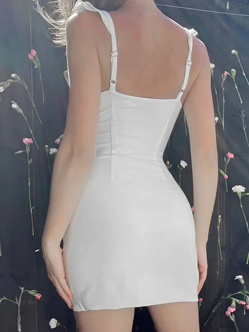 Womenacute;s Summer Sleeveless Ruffled Dress, Solid Color Deep V Neck Tie-Up Slit Hem Slim Fit Mini Dress for Party
