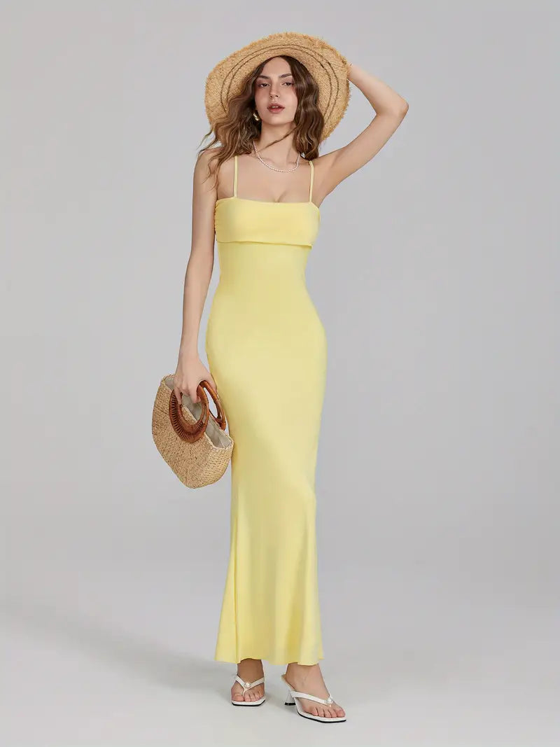 Sleek Appeal, Women's Elegant Spaghetti Strap Maxi Dress - Slim Fit, Square Neckline, Backless Design, Perfect for Parties, Clubs, and Weddings, Spaghetti Suspender Dress