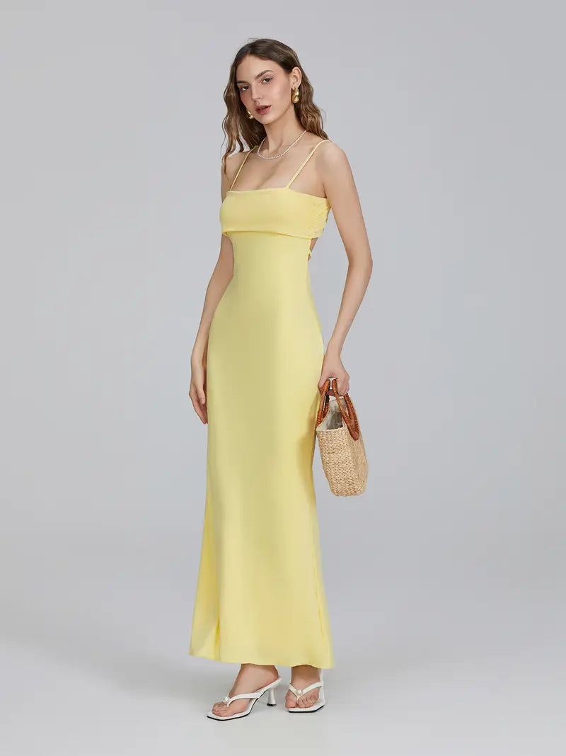 Sleek Appeal, Women's Elegant Spaghetti Strap Maxi Dress - Slim Fit, Square Neckline, Backless Design, Perfect for Parties, Clubs, and Weddings, Spaghetti Suspender Dress