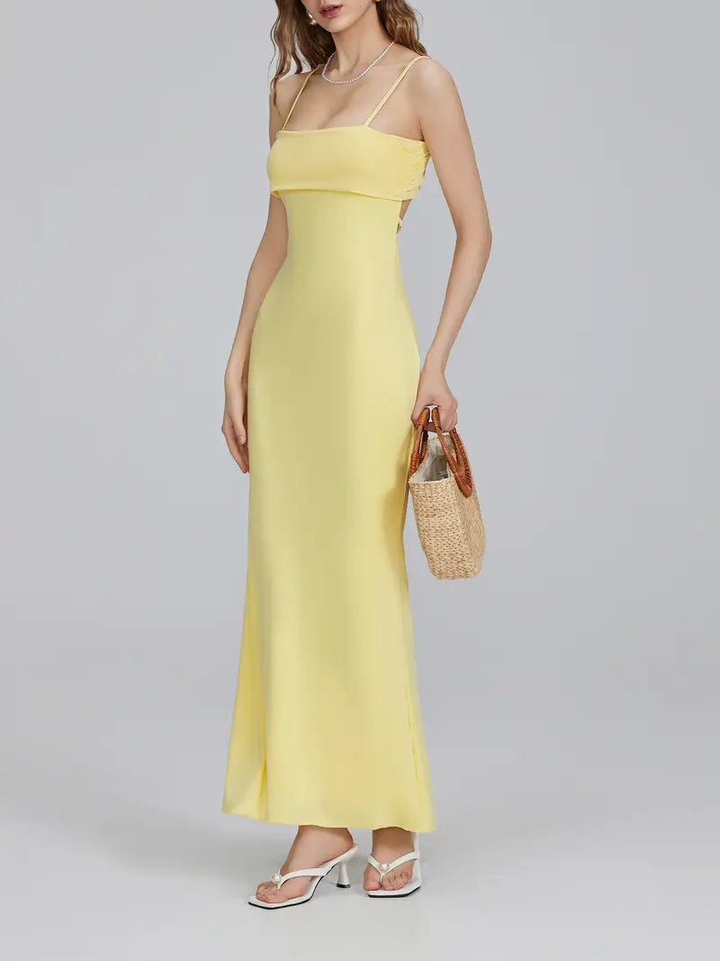 Sleek Appeal, Women's Elegant Spaghetti Strap Maxi Dress - Slim Fit, Square Neckline, Backless Design, Perfect for Parties, Clubs, and Weddings, Spaghetti Suspender Dress