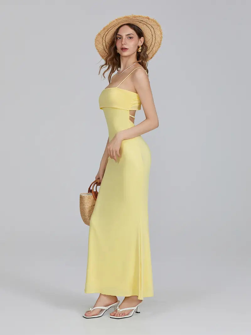 Sleek Appeal, Women's Elegant Spaghetti Strap Maxi Dress - Slim Fit, Square Neckline, Backless Design, Perfect for Parties, Clubs, and Weddings, Spaghetti Suspender Dress