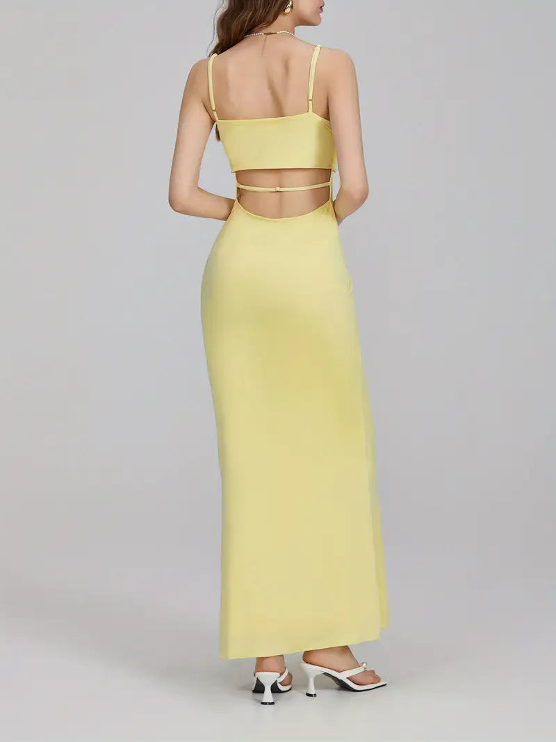 Sleek Appeal, Women's Elegant Spaghetti Strap Maxi Dress - Slim Fit, Square Neckline, Backless Design, Perfect for Parties, Clubs, and Weddings, Spaghetti Suspender Dress