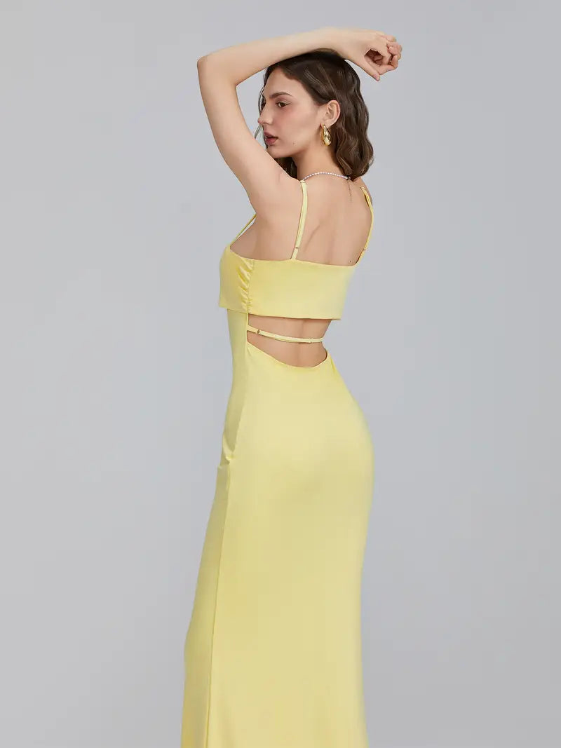 Sleek Appeal, Women's Elegant Spaghetti Strap Maxi Dress - Slim Fit, Square Neckline, Backless Design, Perfect for Parties, Clubs, and Weddings, Spaghetti Suspender Dress