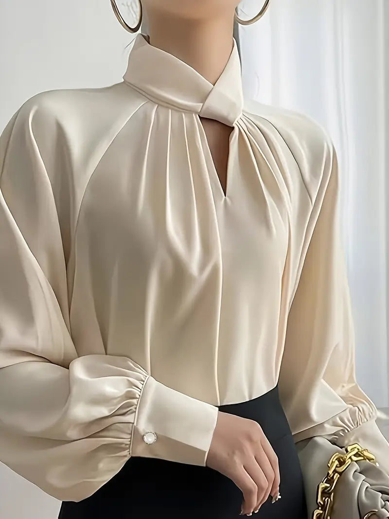 Elegant Pile Collar Solid Color Shirt, Polyester Fiber, Fashion Ruched Design Elegant Top, Women'S Shirt, Spring/Summer Collection, Long Sleeve, Regular Length, Pullover Style