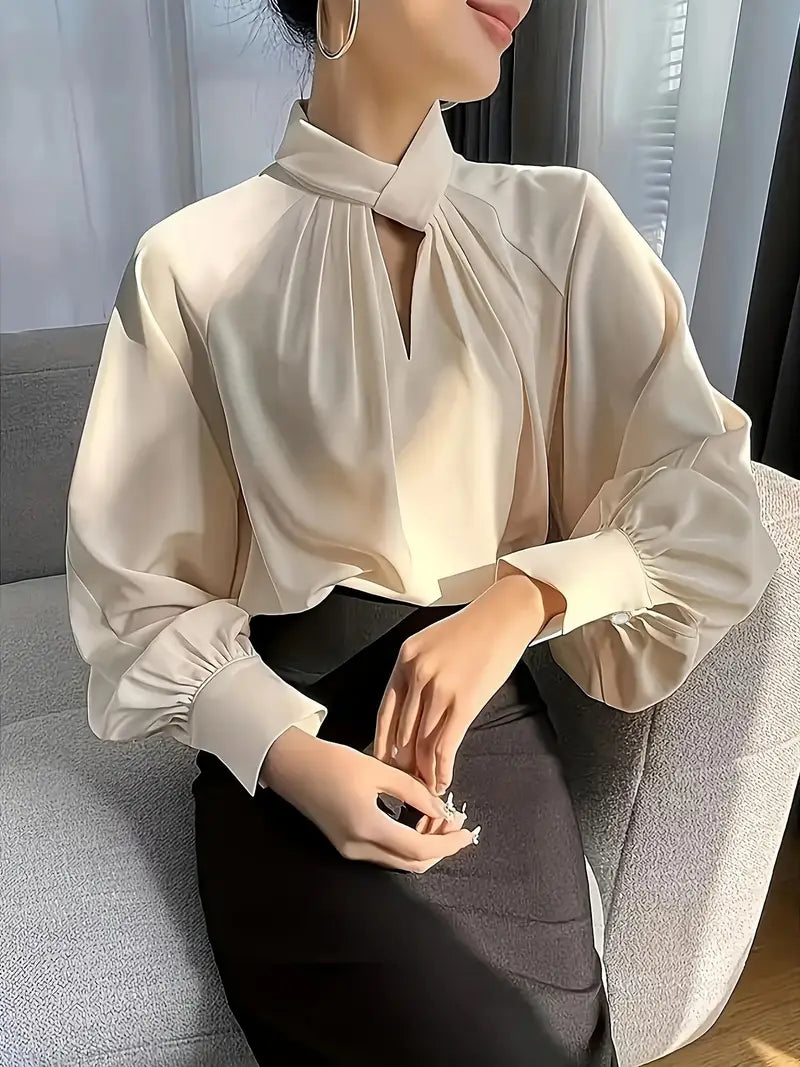 Elegant Pile Collar Solid Color Shirt, Polyester Fiber, Fashion Ruched Design Elegant Top, Women'S Shirt, Spring/Summer Collection, Long Sleeve, Regular Length, Pullover Style