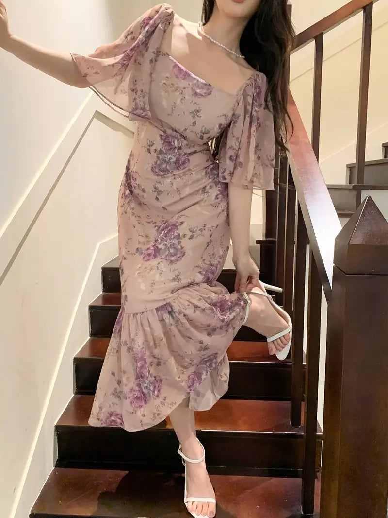 2025 Summer French-Inspired Floral Print Square Neck Dress - Elegant Fitted Sleeve with Back Tie Detail, Lightweight Non-Stretch Fabric for Women, Casual to Formal Occasions, Evening Wear, Relaxed Fit