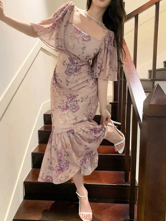 2025 Summer French-Inspired Floral Print Square Neck Dress - Elegant Fitted Sleeve with Back Tie Detail, Lightweight Non-Stretch Fabric for Women, Casual to Formal Occasions, Evening Wear, Relaxed Fit