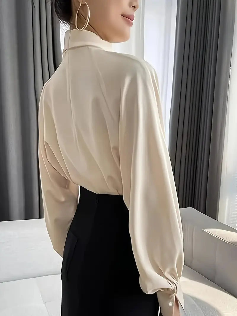 Elegant Pile Collar Solid Color Shirt, Polyester Fiber, Fashion Ruched Design Elegant Top, Women'S Shirt, Spring/Summer Collection, Long Sleeve, Regular Length, Pullover Style