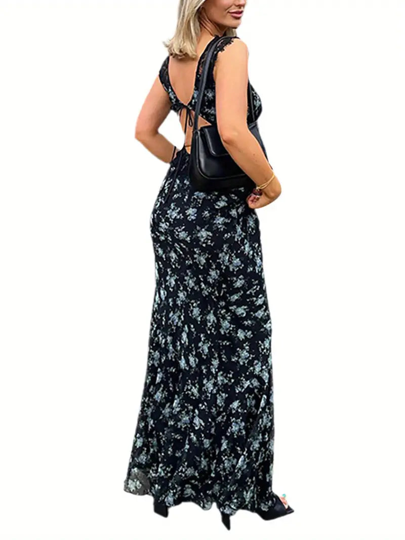 Women Summer Dress, Sleeveless Floral Printed Lace V-Neck Long Dress, Ladies High Waist Slim-Fit Party One-Piece