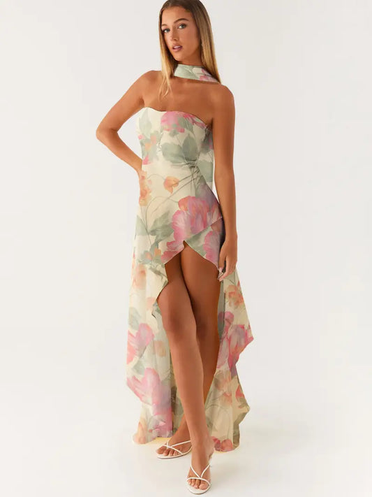 Women's Elegant Asymmetrical High-Low Ruffled Hem Floor-Length Tube Dress with Scarf - Sleeveless A-Line Boho Beach Dress in Solid Colors & Pastel Floral Print