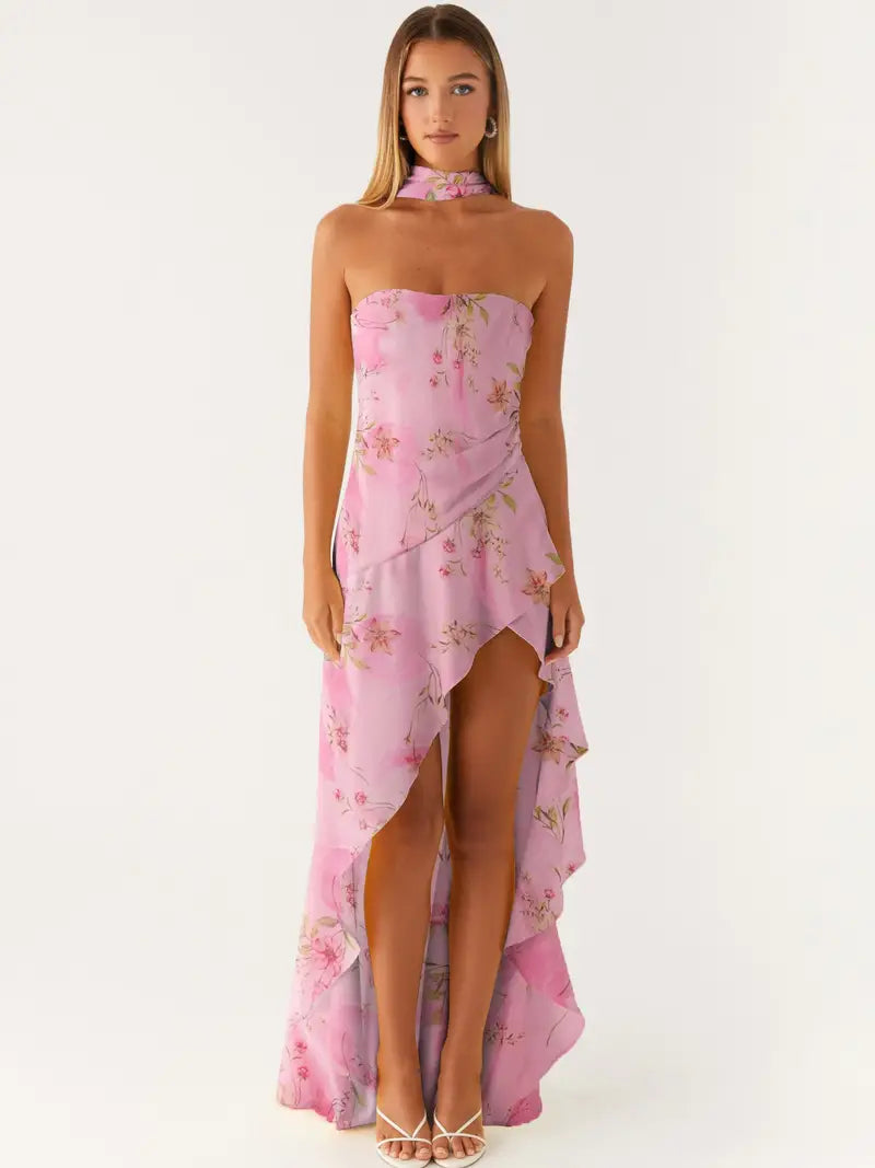 Women's Elegant Asymmetrical High-Low Ruffled Hem Floor-Length Tube Dress with Scarf - Sleeveless A-Line Boho Beach Dress in Solid Colors & Pastel Floral Print