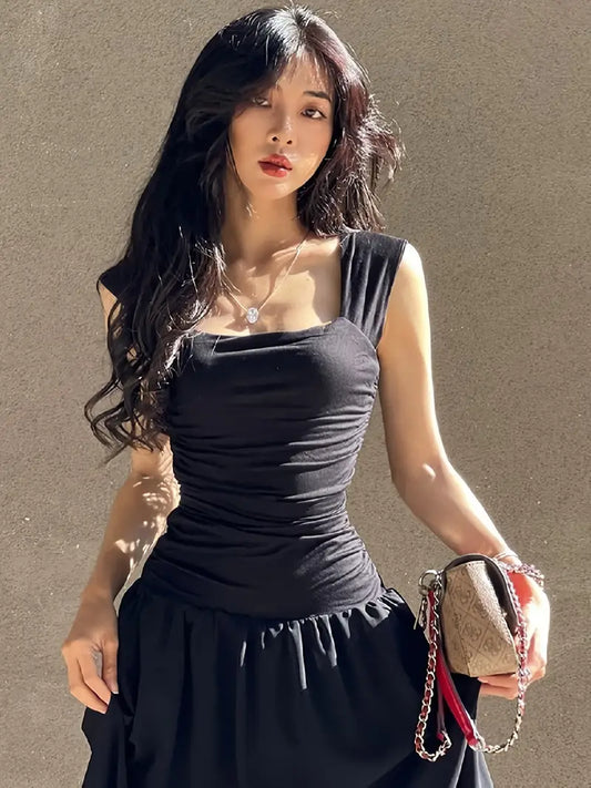 American Style Summer Dress - Tulle Spaghetti Strap Square Neckline, Cinched Waist & Pleated Flared Skirt, Casual Solid Color Machine Washable, Occasion Dress, Cinched Waist Dress, Stylish Pleats