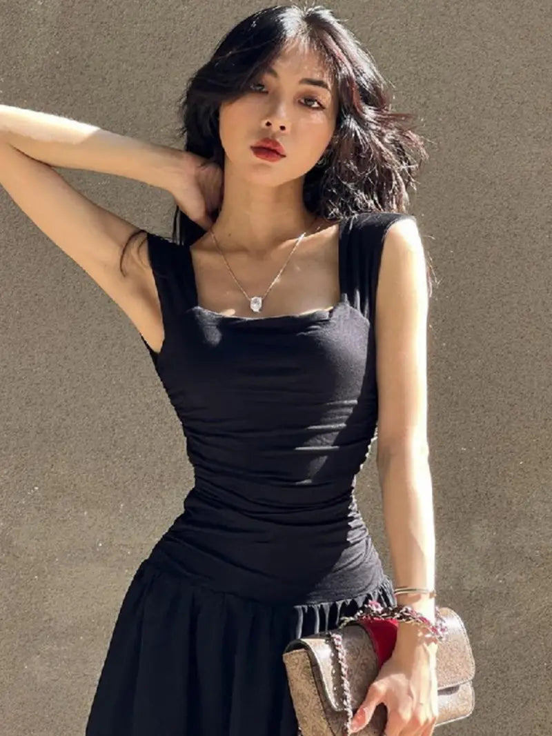 American Style Summer Dress - Tulle Spaghetti Strap Square Neckline, Cinched Waist & Pleated Flared Skirt, Casual Solid Color Machine Washable, Occasion Dress, Cinched Waist Dress, Stylish Pleats