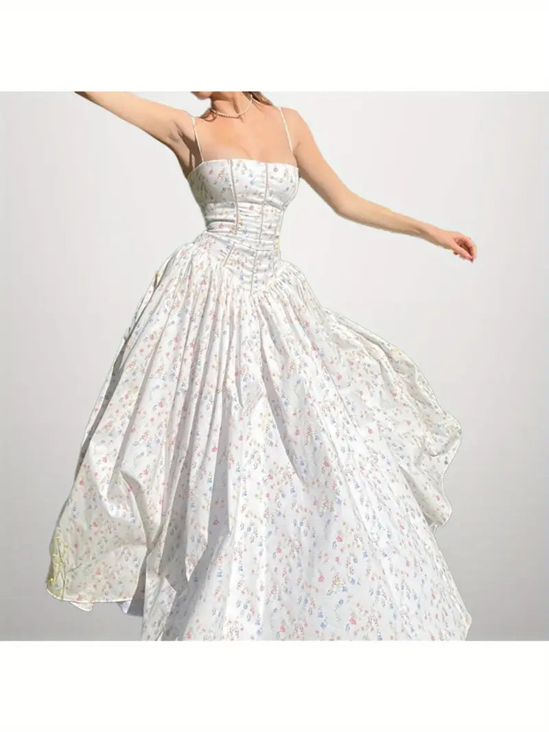 Women'S Elegant Floral Maxi Dress - Spaghetti Strap Formal & casual party Wedding Guest gown, Flowy Chiffon Evening Dress for Women, All-Season Formal Attire