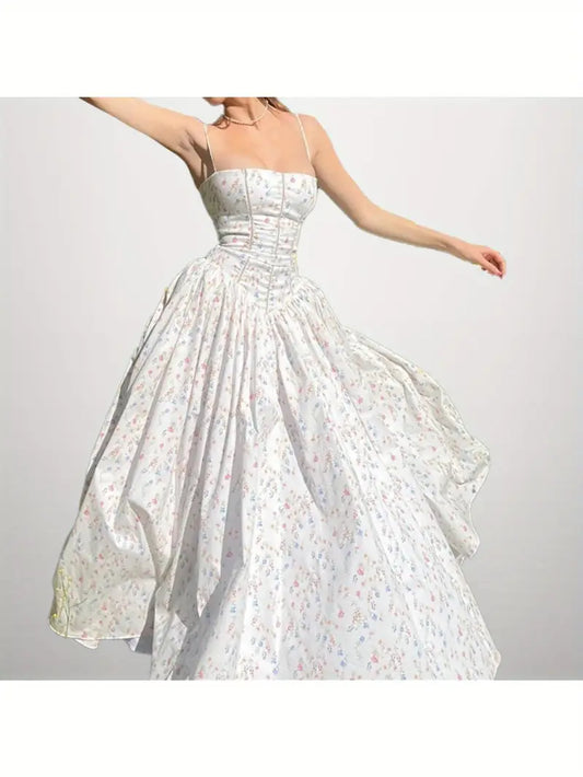 Women'S Elegant Floral Maxi Dress - Spaghetti Strap Formal & casual party Wedding Guest gown, Flowy Chiffon Evening Dress for Women, All-Season Formal Attire