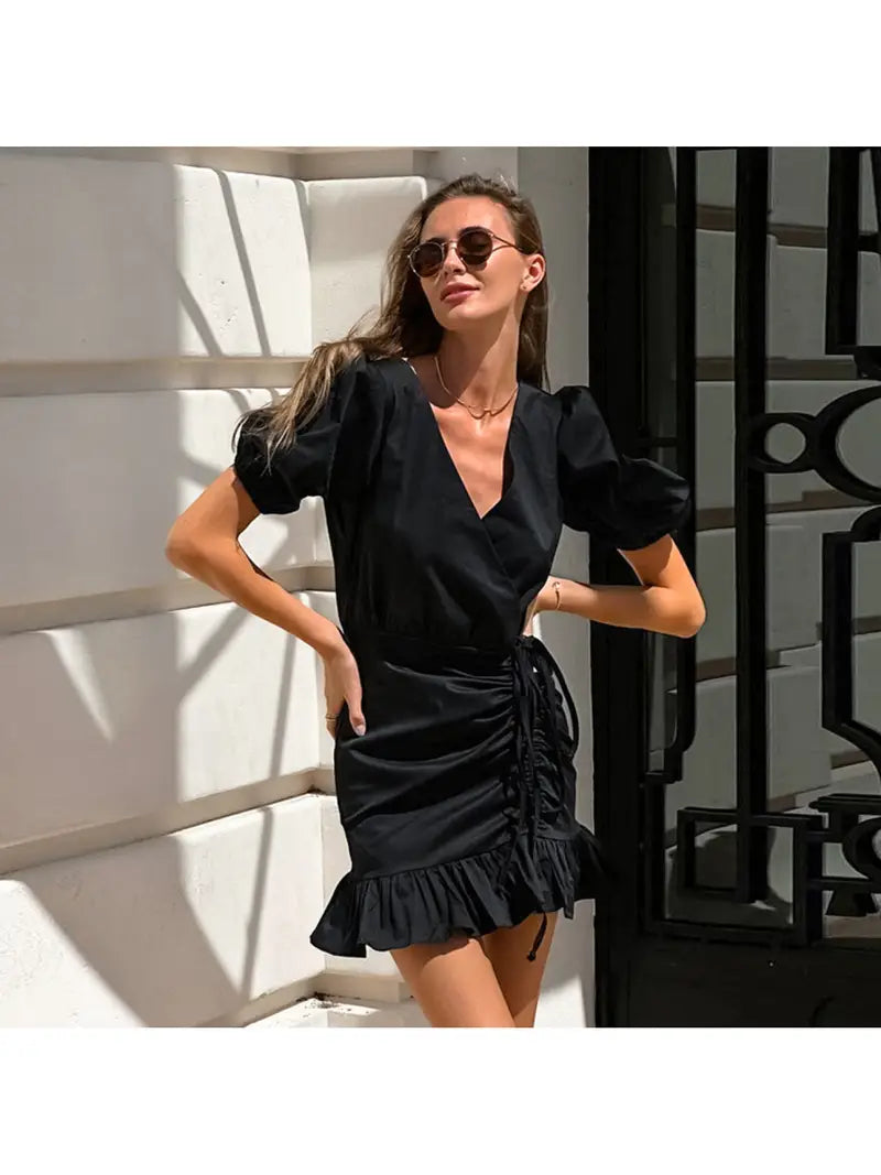 European and American Fashion Black Ruched Waist Dress Summer High-end Puff Sleeve Bodycon Dress