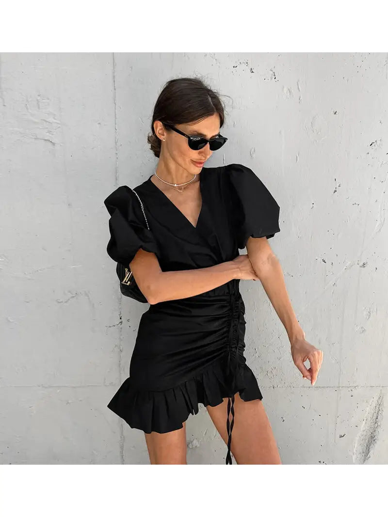 European and American Fashion Black Ruched Waist Dress Summer High-end Puff Sleeve Bodycon Dress