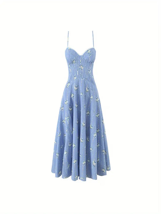 Women'S Floral dress - Elegant Floral print in White, Pastel pink & Green, Sleeveless flared skirt